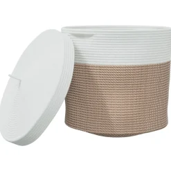 vidaXL Cesta de almacenaje con tapa algodón marrón y blanco Ø40x35 cm Marr&oacute;n Online