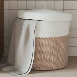 vidaXL Cesta de almacenaje con tapa algodón marrón y blanco Ø40x35 cm Marr&oacute;n Online