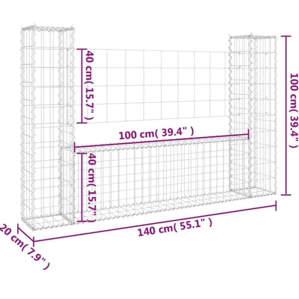 vidaXL Vallas De Jardín-Cesta de gaviones forma de U 2 postes de hierro 140x20x100 cm
