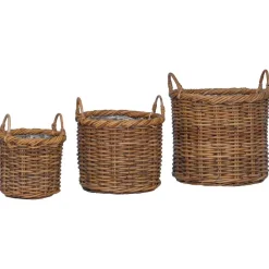 vidaXL Cesta para Plantas con almacenamiento 3 pcs Marrón Ratán Kubu Marr&oacute;n