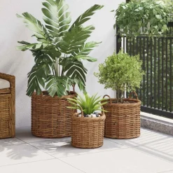 vidaXL Cesta para Plantas con almacenamiento 3 pcs Marrón Ratán Kubu Marr&oacute;n