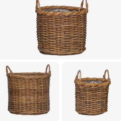 vidaXL Cesta para Plantas con almacenamiento 3 pcs Marrón Ratán Kubu Marr&oacute;n