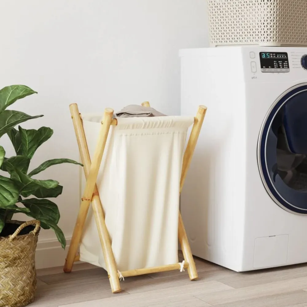 vidaXL Productos Del Hogar-Cesto de la ropa sucia de bambú blanco crema 41,5x36x63,5 cm
