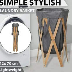 vidaXL Productos Del Hogar-Cesto para colada plegable madera y tela
