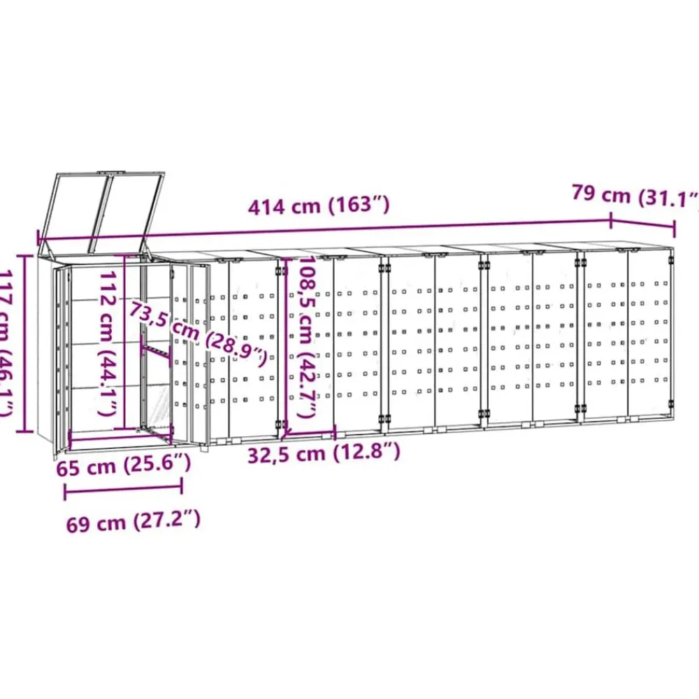 vidaXL Productos Del Hogar-Cobertizo de 6 contenedores de basura acero 414x79x117 cm
