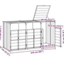 vidaXL Cobertizo de 3 contenedores basura acero 216x81x115 cm Gris Outlet