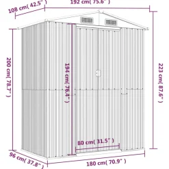 vidaXL Cobertizo de jardín acero galvanizado 192x108x223 cm Gris claro Clearance