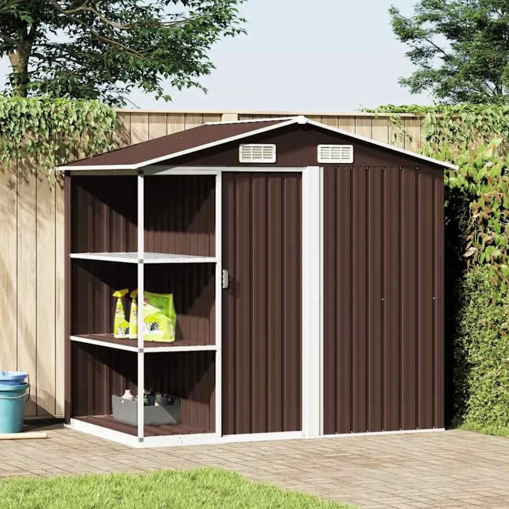 vidaXL Cobertizo de jardín con estantería hierro marrón 205x130x183 cm Marrón Hot