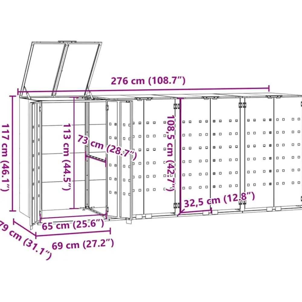 vidaXL Cobertizo para 4 cubos de basura acero 276x79x117 cm Antracita Hot