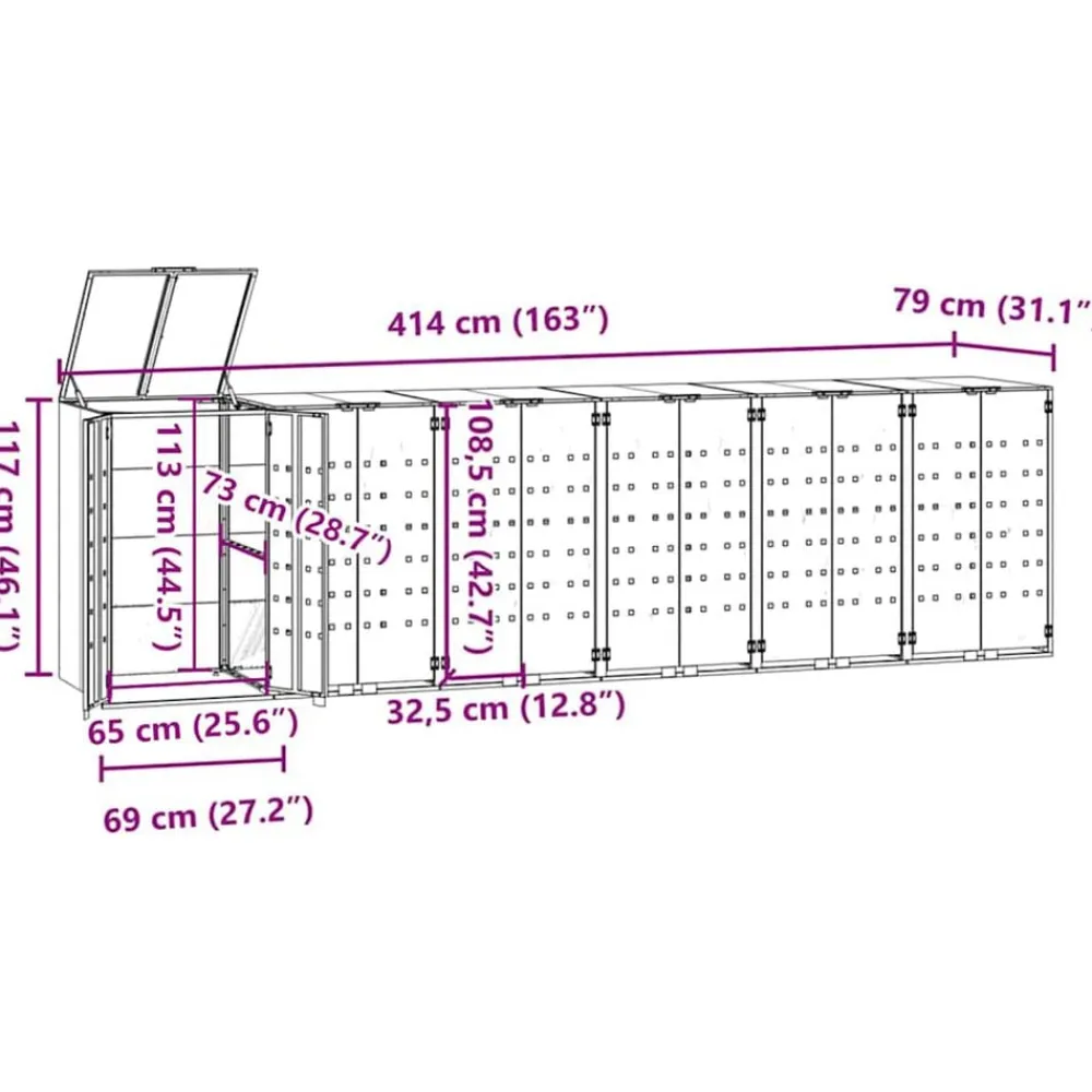 vidaXL Cobertizo para 6 cubos de basura acero 414x79x117 cm Antracita Clearance