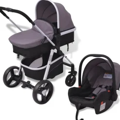 Niños vidaXL Transporte De Bebés-Cochecito de bebé 3 en 1 y negro aluminio