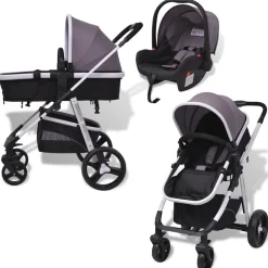 Niños vidaXL Transporte De Bebés-Cochecito de bebé 3 en 1 y negro aluminio