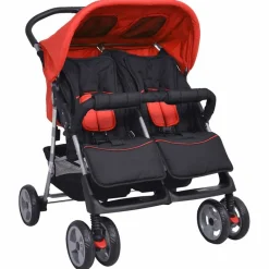 vidaXL Cochecito gemelar de acero y negro Rojo New