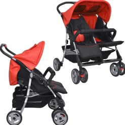 vidaXL Cochecito gemelar de acero y negro Rojo New