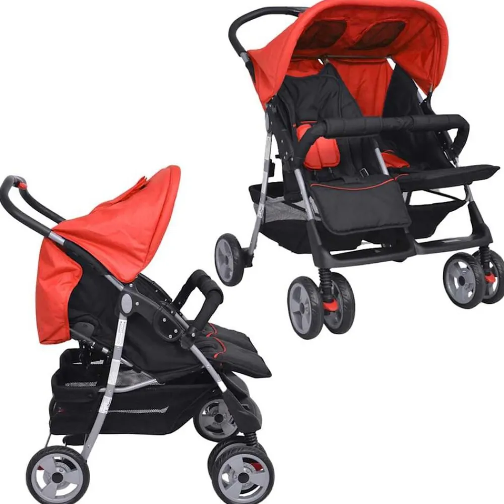 vidaXL Cochecito gemelar de acero y negro Rojo New
