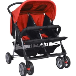 vidaXL Cochecito gemelar de acero y negro Rojo New