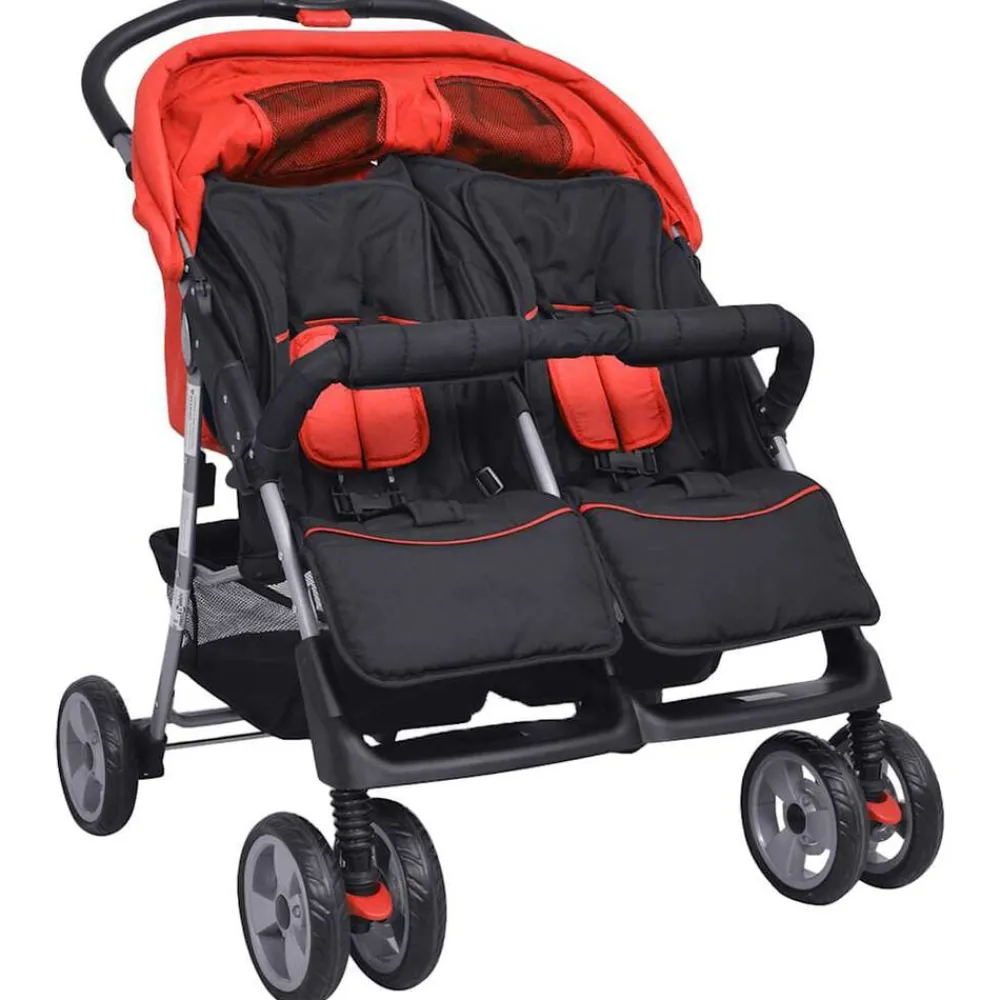 vidaXL Cochecito gemelar de acero y negro Rojo New