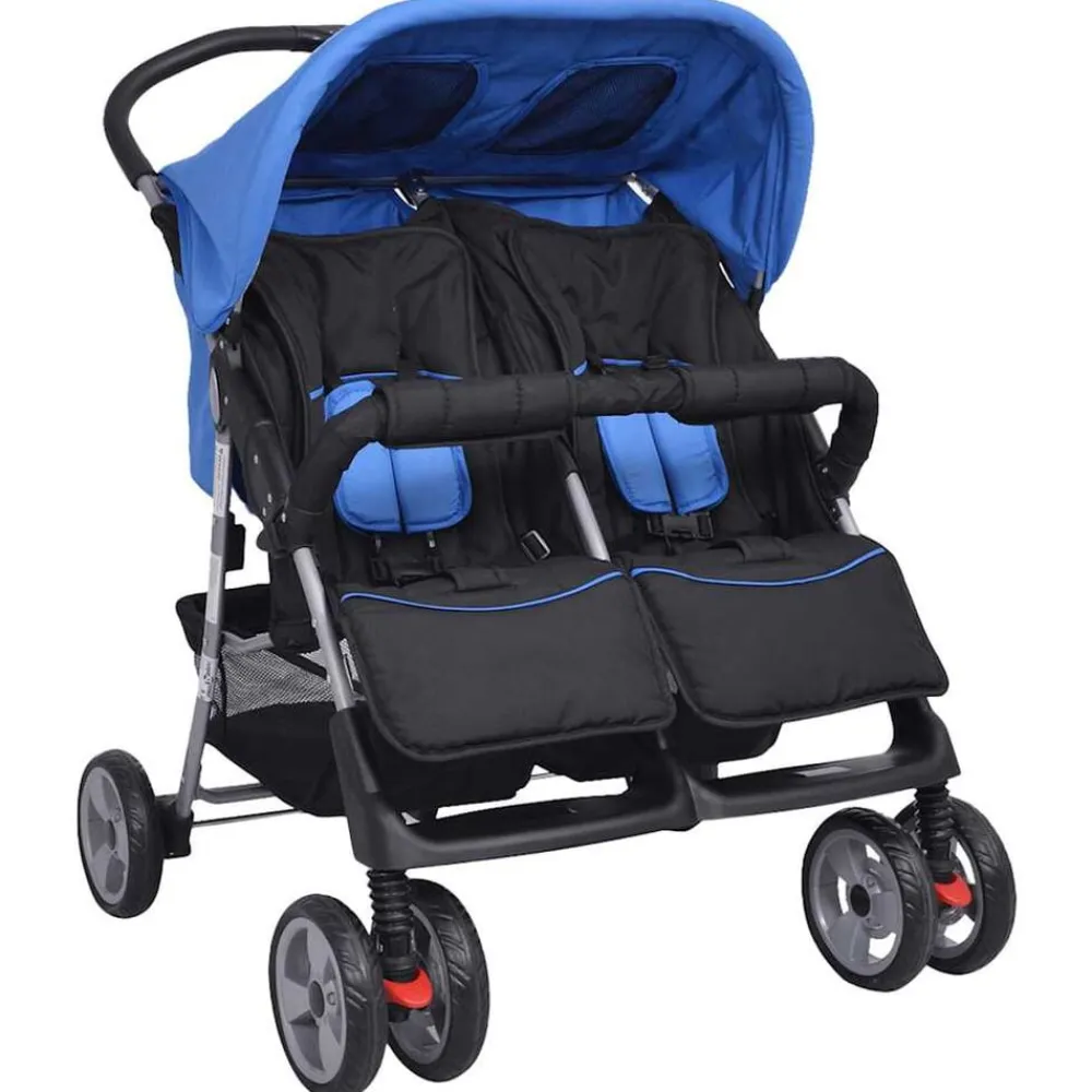 vidaXL Cochecito gemelar de acero y negro Azul