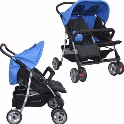 vidaXL Cochecito gemelar de acero y negro Azul