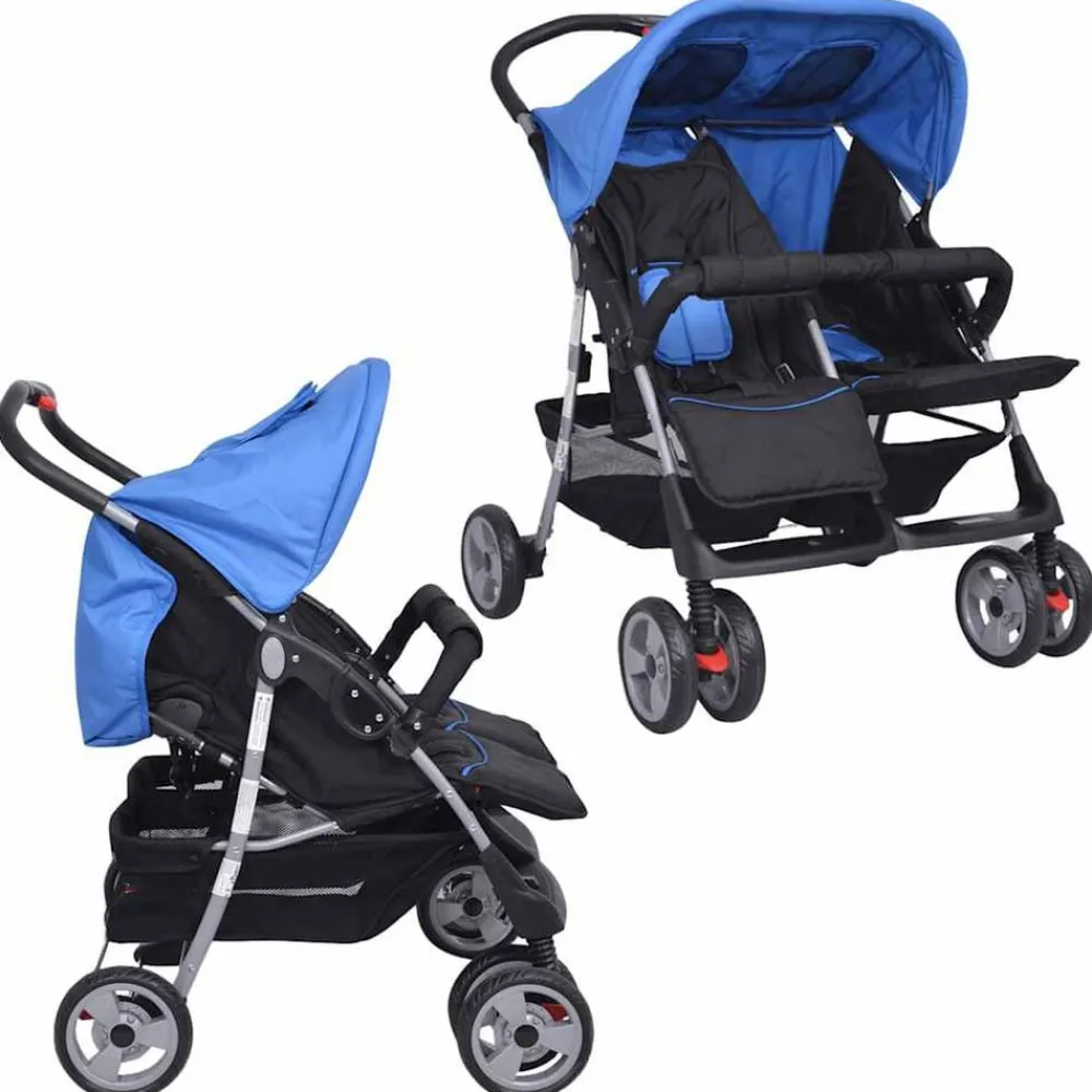 vidaXL Cochecito gemelar de acero y negro Azul