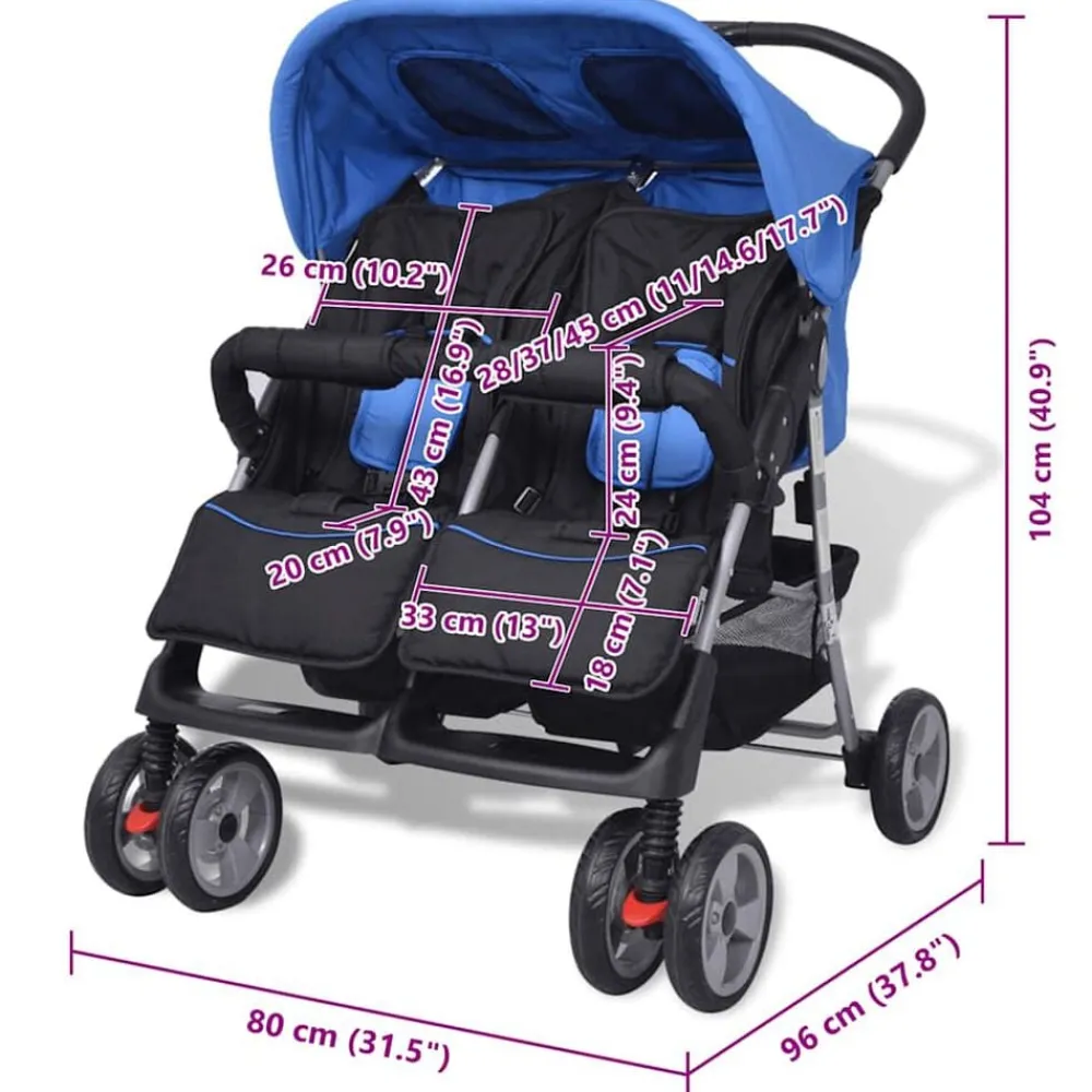 vidaXL Cochecito gemelar de acero y negro Azul