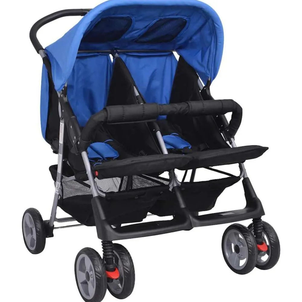 vidaXL Cochecito gemelar de acero y negro Azul