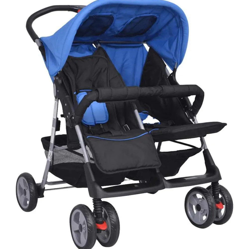 vidaXL Cochecito gemelar de acero y negro Azul