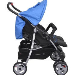 vidaXL Cochecito gemelar de acero y negro Azul