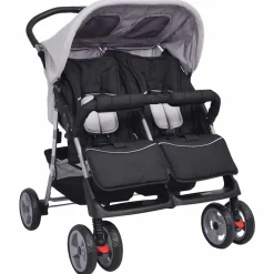 vidaXL Cochecito gemelar de acero y negro Gris Hot