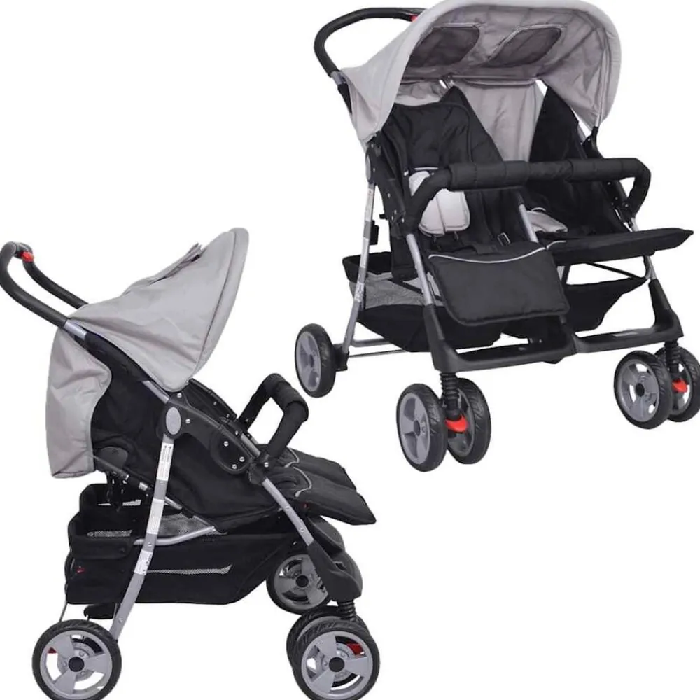 vidaXL Cochecito gemelar de acero y negro Gris Hot