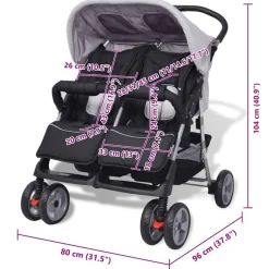 vidaXL Cochecito gemelar de acero y negro Gris Hot