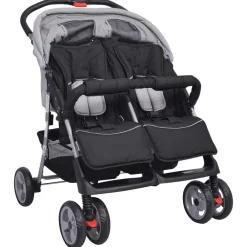 vidaXL Cochecito gemelar de acero y negro Gris Hot