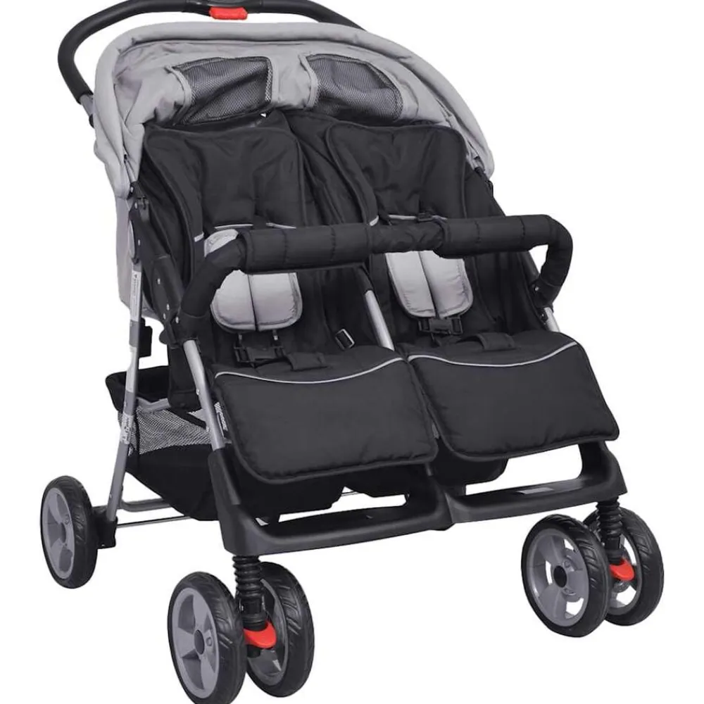vidaXL Cochecito gemelar de acero y negro Gris Hot
