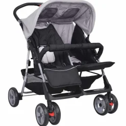 vidaXL Cochecito gemelar de acero y negro Gris Hot