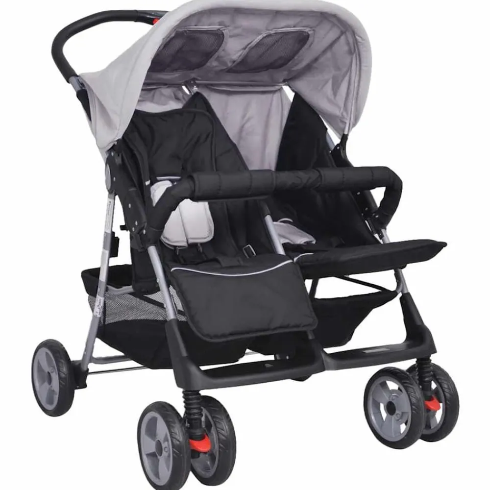 vidaXL Cochecito gemelar de acero y negro Gris Hot