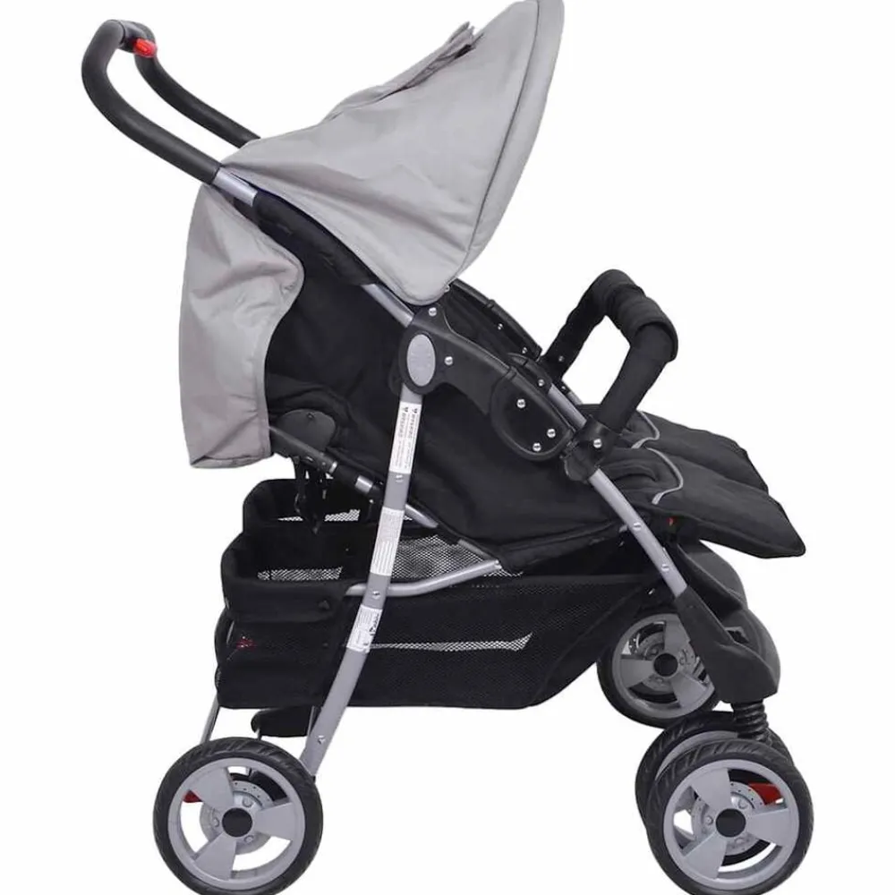 vidaXL Cochecito gemelar de acero y negro Gris Hot