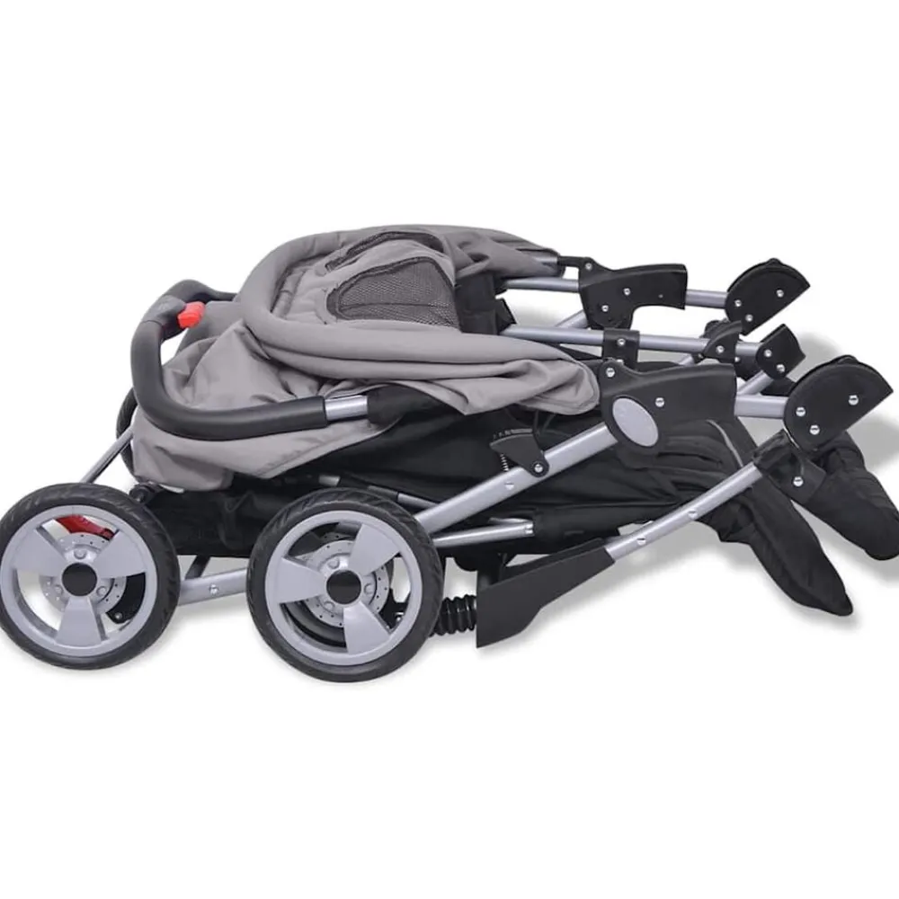 vidaXL Cochecito gemelar de acero y negro Gris Hot