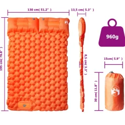 vidaXL Colchón de camping autoinflable y almohadas 2 personas Naranja Clearance