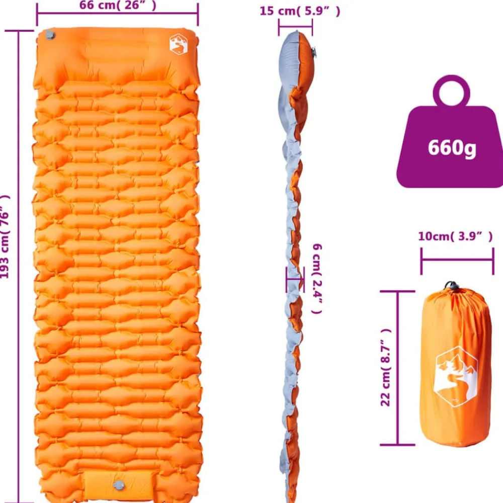 vidaXL Colchón de camping autoinflable con almohada 1 persona Naranja Outlet