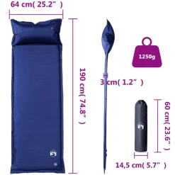 vidaXL Actividades Al Aire Libre-Colchón de camping autoinflable con almohada 1 persona azul
