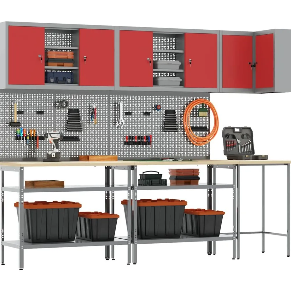 vidaXL Accesorios De Bricolaje-Conjunto de armarios de trabajo con estante 10 pcs y Gris