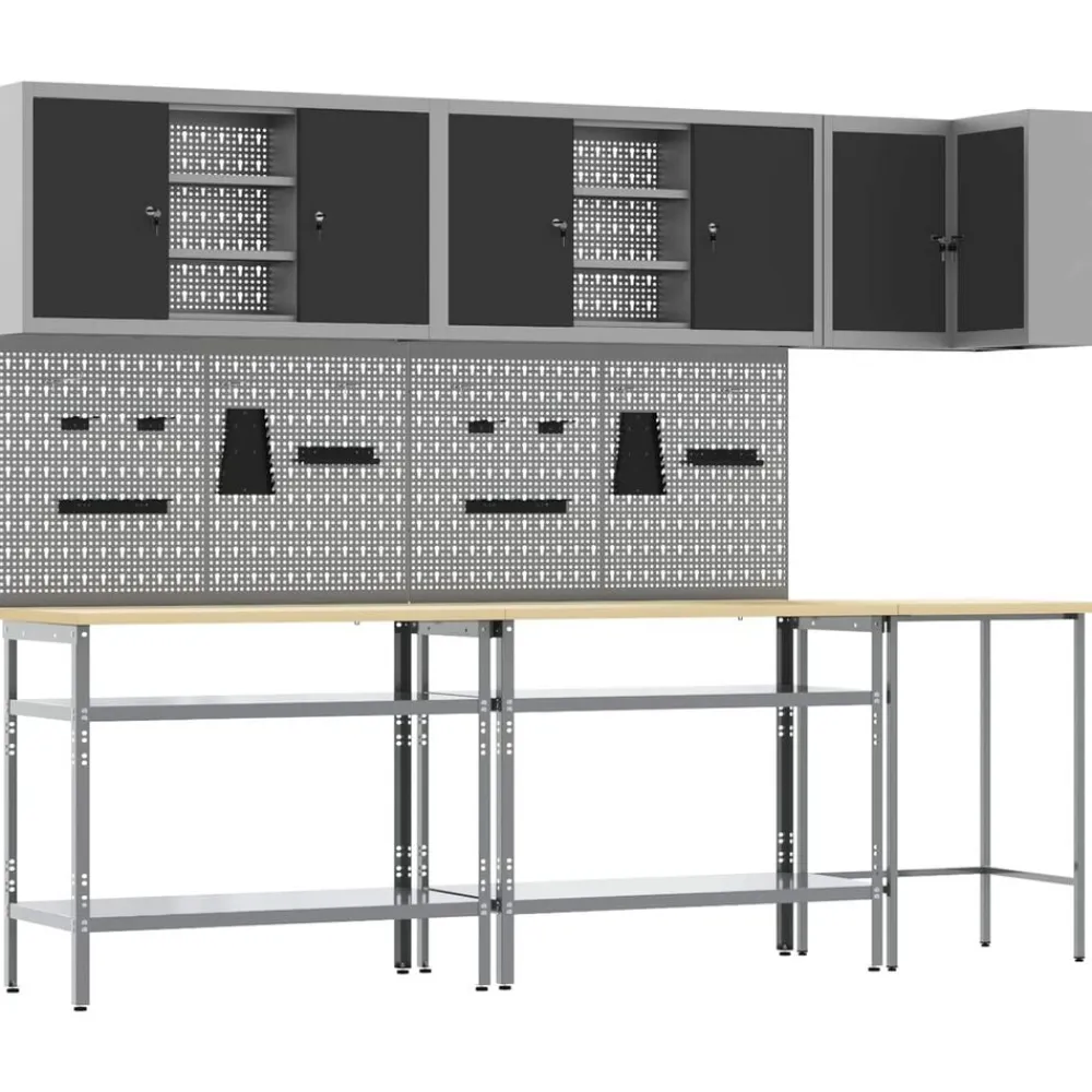 vidaXL Accesorios De Bricolaje-Conjunto de armarios de trabajo con estante 10 pcs y Gris