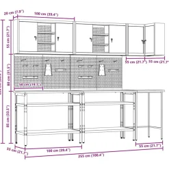 vidaXL Accesorios De Bricolaje-Conjunto de armarios de trabajo con estante 10 pcs y Gris