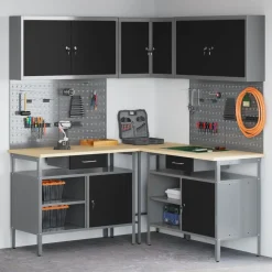 vidaXL Conjunto de armarios de trabajo con cajón 10 pcs y Gris Negro