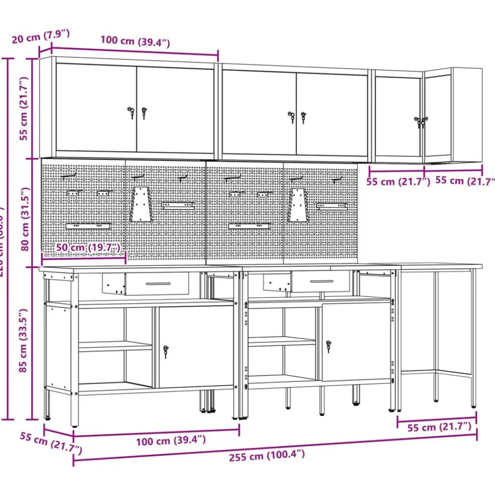 vidaXL Conjunto de armarios de trabajo con cajón 10 pcs y Gris Negro