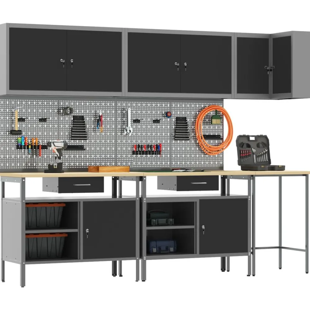 vidaXL Conjunto de armarios de trabajo con cajón 10 pcs y Gris Negro