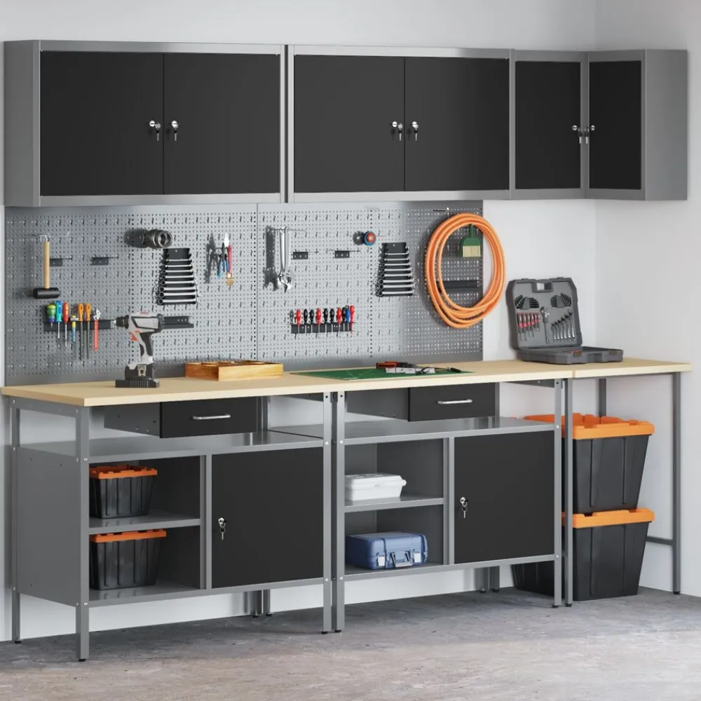 vidaXL Conjunto de armarios de trabajo con cajón 10 pcs y Gris Negro
