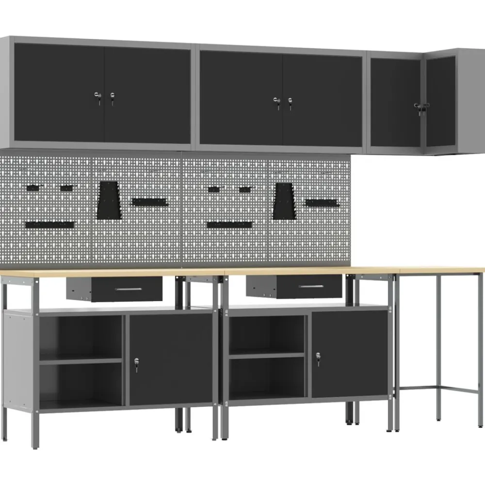 vidaXL Conjunto de armarios de trabajo con cajón 10 pcs y Gris Negro