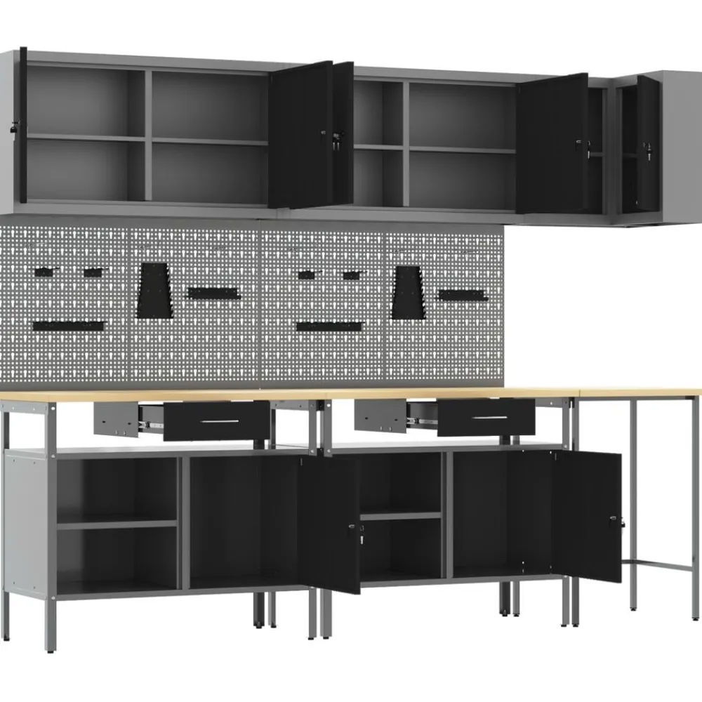 vidaXL Conjunto de armarios de trabajo con cajón 10 pcs y Gris Negro