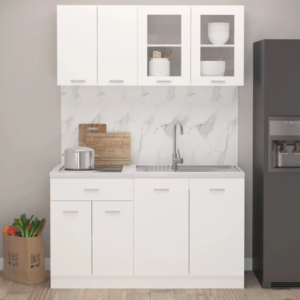 vidaXL Armarios Y Almacenamiento-Conjunto de armarios de cocina de 4 piezas "Lyon" de en madera de ingeniería blanca